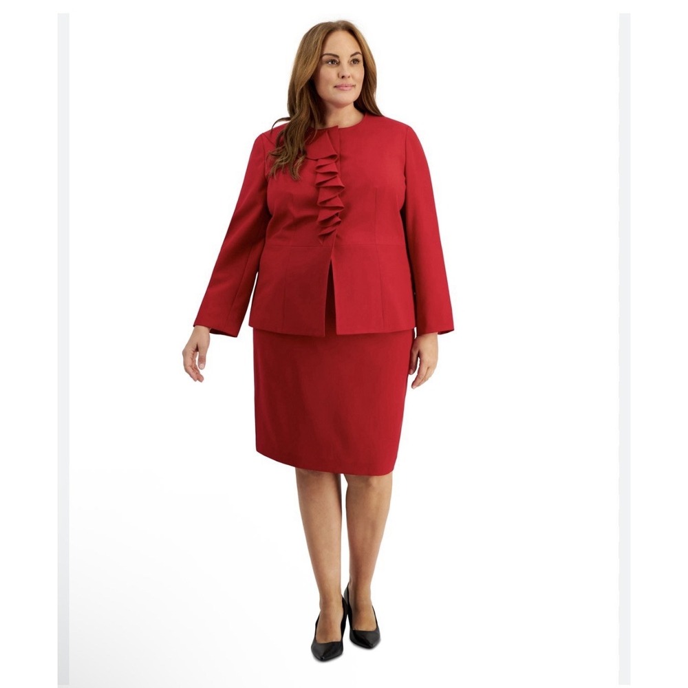 Le Suit Plus‎ Size Cascade Ruffle Skirt Suit Set Size 16W Cherry Red